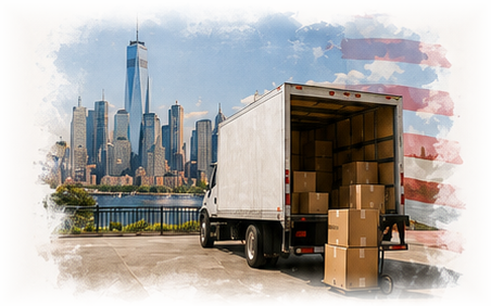 Moving truck with boxes and New York skyline